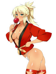 Rule 34 | 1girl, aqua eyes, blonde hair, blush, breasts, candy apple, cleavage, dark-skinned female, dark skin, fate/apocrypha, fate (series), food, fundoshi, highres, japanese clothes, kagemusha, looking at viewer, mordred (fate), mordred (fate/apocrypha), ponytail, simple background, smile, solo, tan, thighhighs, white background