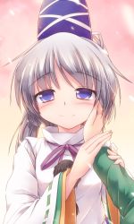 Rule 34 | 2girls, arm grab, blue eyes, blush, eyebrows, female pov, grey hair, hand on another&#039;s face, hat, highres, holding hands, long sleeves, looking at viewer, lzh, mononobe no futo, multiple girls, ponytail, pov, ribbon, smile, soga no tojiko, solo focus, tate eboshi, touhou, upper body, wide sleeves, yuri