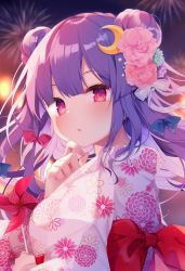 Rule 34 | 1girl, alternate costume, blue bow, bow, commentary request, crescent, crescent pin, double bun, fireworks, floral print, flower, hair bow, hair flower, hair ornament, highres, holding, japanese clothes, kimono, long hair, looking at viewer, night, night sky, obi, parted lips, patchouli knowledge, pink flower, pink kimono, purple hair, red bow, red eyes, sash, shiika yuno, sky, solo, touhou, upper body