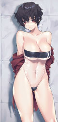 Rule 34 | 1girl, absurdres, against wall, arms behind back, black hair, bow, breasts, covered navel, cowboy shot, expressionless, gris swimsuit, hair bow, highres, jacket, large breasts, looking at viewer, meme attire, murata tefu, off shoulder, one-piece swimsuit, original, red eyes, red jacket, short hair, solo, standing, swimsuit, track jacket, wavy hair, white bow