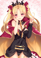Rule 34 | 1girl, bad id, bad pixiv id, black leotard, blonde hair, breasts, cape, cowboy shot, detached collar, detached sleeves, ereshkigal (fate), fate/grand order, fate (series), flying sweatdrops, gluteal fold, hair ribbon, hand on own cheek, hand on own face, highres, hug, leotard, long hair, long sleeves, looking away, looking to the side, nunucco, parted bangs, pink background, pink cape, pink eyes, pink ribbon, ribbon, single detached sleeve, skull, small breasts, solo, spine, standing, tiara, tohsaka rin, twintails, very long hair