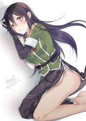 Rule 34 | 1girl, bad id, bad twitter id, barefoot, black eyes, black gloves, black hair, breasts, chikuma (kancolle), commentary request, dated, elbow gloves, gloves, highres, kantai collection, large breasts, long hair, lying, military, military uniform, on side, one-hour drawing challenge, pantyhose, pelvic curtain, puffy short sleeves, puffy sleeves, saiki yuzuri, see-through, see-through legwear, short sleeves, single elbow glove, single glove, solo, twitter username, uniform