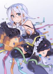 Rule 34 | 1girl, bare shoulders, black gloves, black serafuku, black skirt, black thighhighs, blue eyes, blue neckerchief, blush, braid, collared shirt, commentary request, confetti, elbow gloves, feet out of frame, gloves, gradient background, highres, kantai collection, leaning on object, long hair, looking at viewer, mole, mole under eye, neckerchief, on ground, parted bangs, pleated skirt, school uniform, serafuku, shirt, single braid, sitting, skirt, sleeveless, sleeveless shirt, smile, solo, sugue tettou, thighhighs, umikaze (kancolle), very long hair, white hair, zettai ryouiki