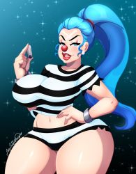 Rule 34 | 1girl, ass, blue eyes, blue hair, breasts, buggy the clown, clown nose, curvy, female focus, genderswap, genderswap (mtf), hand on own hip, highres, holding, huge ass, large breasts, lipstick, long hair, looking at viewer, makeup, midriff, navel, one piece, ornament, prison clothes, prisoner, red nose, shorts, solo, tattoo, thick thighs, thighs