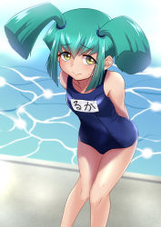 Rule 34 | 1girl, absurdres, aqua hair, arms behind back, blue one-piece swimsuit, character name, closed mouth, collarbone, flat chest, hair between eyes, highres, leaning forward, long hair, looking at viewer, luca (yu-gi-oh!), muto dt, one-piece swimsuit, pool, school swimsuit, smile, solo, standing, sweatdrop, swimsuit, twintails, yellow eyes, yu-gi-oh!, yu-gi-oh! 5d&#039;s