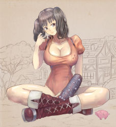 Rule 34 | 10s, 1girl, animal, bad id, bad pixiv id, boots, breasts, brown eyes, brown hair, cleavage, diane (nanatsu no taizai), fingerless gloves, giant, giantess, gloves, hawk (nanatsu no taizai), hidezi, large breasts, crossed legs, leotard, nanatsu no taizai, pig, red leotard, single glove, sitting, size difference, smile, solo, thighhighs, twintails