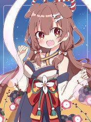 Rule 34 | 1girl, :d, animal ears, blush, bone hair ornament, brown eyes, brown hair, chibi, commentary, detached sleeves, dog ears, dog girl, extra ears, fang, hagoromo, hair between eyes, hair down, hair ornament, hairclip, halterneck, highres, hololive, inugami korone, inugami korone (new year), japanese clothes, kimono, long hair, looking at viewer, off shoulder, open mouth, rabiiandrain, shawl, shirt, skin fang, smile, solo, virtual youtuber, w arms, white shirt