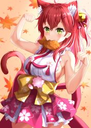 Rule 34 | 1girl, absurdres, ahoge, animal ears, bare shoulders, bell, blush, breasts, cat ears, cherry blossom print, floral print, food, food in mouth, green eyes, hair bell, hair ornament, hairclip, highres, hololive, leaf, long hair, looking at viewer, medium breasts, paw pose, pink hair, sakura miko, sakura miko (1st costume), sideboob, solo, starkamisan, taiyaki, virtual youtuber, wagashi, x hair ornament
