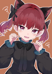 Rule 34 | 1girl, alternate hairstyle, animal ear fluff, animal ears, black bow, black bowtie, bow, bowtie, breasts, brown background, cat ears, commentary, dress, extra ears, fang, grey dress, hair intakes, hands up, highres, kaenbyou rin, kyuu cat, light blush, long sleeves, looking at viewer, medium hair, nail polish, open mouth, outline, puffy long sleeves, puffy sleeves, purple eyes, red hair, red nails, simple background, skin fang, small breasts, solo, squiggle, touhou, twintails, upper body, white outline