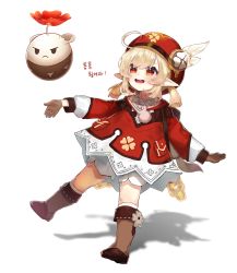 Rule 34 | 1girl, :d, absurdres, ahoge, backpack, bag, bag charm, bloomers, boots, brown footwear, brown gloves, brown scarf, cabbie hat, charm (object), clover print, collar, commentary request, dodoco (genshin impact), full body, genshin impact, gloves, hairband, hat, highres, jumpy dumpty, klee (genshin impact), knee boots, kneehighs, long hair, long sleeves, looking away, looking up, low twintails, open mouth, outstretched arms, pocket, pointy ears, randoseru, red collar, red eyes, red hairband, scarf, shadow, sidelocks, simple background, smile, socks, solo, sp0i0ppp, spread arms, spread legs, standing, standing on one leg, stuffed animal, stuffed toy, translation request, twintails, underwear, white background