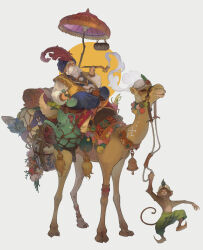 Rule 34 | 1boy, absurdres, animal, braid, braided beard, camel, closed eyes, facial hair, feathers, grey background, highres, monkey, original, plant, potted plant, red feathers, riding, riding animal, sauna posa, smoke, smoking, smoking pipe, solo, umbrella, white beard, wide shot