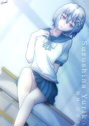 Rule 34 | 1girl, a certain high school uniform, accelerator (toaru majutsu no index), albino, ambiguous gender, androgynous, arm at side, bare legs, blue sailor collar, blue skirt, blurry, blurry background, bow, breasts, chantanapot, character name, contrapposto, cowboy shot, desk, dutch angle, english text, flower, genderswap, genderswap (mtf), hair flower, hair ornament, hand up, highres, kanji, light frown, lily (flower), looking away, looking to the side, midriff peek, miniskirt, on desk, pale skin, pleated skirt, pov, red eyes, sailor collar, school, school uniform, shirt, short hair, short sleeves, signature, sitting, on desk, skirt, small breasts, solo, summer uniform, suzushina yuriko, toaru majutsu no index, white bow, white hair, white shirt, window