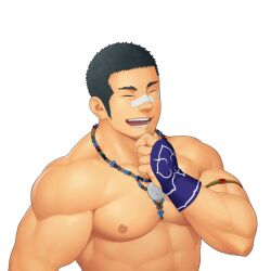 Rule 34 | 1boy, ^ ^, abs, ainu, ainu clothes, bandaid, bandaid on face, bandaid on nose, bara, bead necklace, beads, black hair, buzz cut, closed eyes, facial hair, goatee, gyee, hand on own chin, itto (mentaiko), jewelry, kamui (gyee), large pectorals, long sideburns, male focus, mature male, muscular, muscular male, necklace, nipples, no headwear, nude, pectorals, short hair, sideburns, smile, solo, stroking own chin, stubble, thick arms, thick eyebrows, upper body, very short hair