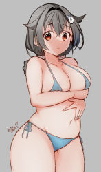 Rule 34 | 1girl, bikini, blue bikini, blush, breasts, cowboy shot, embarrassed, grey background, hair between eyes, hair flaps, hair ornament, hairclip, highres, jingei (kancolle), kantai collection, kirisawa juuzou, large breasts, long hair, looking at viewer, low ponytail, red eyes, simple background, solo, swimsuit, twitter username, whale hair ornament