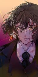 Rule 34 | 1boy, ahoge, black eyes, black hair, black jacket, black necktie, blood, blood on clothes, blood on face, blouse, collared shirt, commentary request, constantine xi (fate), earrings, fate/grand order, fate (series), gradient background, hair between eyes, highres, jacket, jewelry, looking at viewer, male focus, medium hair, necktie, red vest, shirt, simple background, solo, sparkle, umu (um), upper body, vest, white shirt