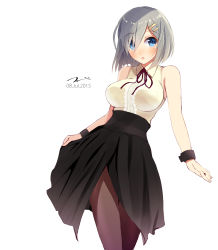 Rule 34 | 10s, 1girl, 2015, :o, alternate costume, bare shoulders, black skirt, blue eyes, blush, breasts, brown pantyhose, dated, female focus, hair ornament, hair over one eye, hairclip, hamakaze (kancolle), highres, kantai collection, large breasts, long skirt, meme attire, pantyhose, short hair, signature, silver hair, simple background, skirt, sleeveless, solo, tebi (tbd11), virgin killer outfit, white background, wrist cuffs