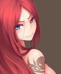 Rule 34 | 1girl, blue eyes, league of legends, long hair, looking at viewer, red hair, ricegnat, smile, sona (league of legends), tattoo