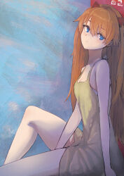 Rule 34 | 1girl, artist request, bare legs, bare shoulders, blue eyes, breasts, brown hair, cleavage, dress, expressionless, highres, interface headset, long hair, looking at viewer, medium breasts, neon genesis evangelion, sitting, small breasts, solo, souryuu asuka langley, sundress, yellow dress