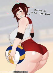Rule 34 | 1girl, artist name, ass, ball, bare shoulders, blush, breasts, chromatic aberration, cowboy shot, elbow pads, english text, foxicube, grey eyes, heart, holding, holding ball, huge ass, large breasts, looking at viewer, red hair, ruby rose, rwby, short hair, short shorts, shorts, sleeveless, smile, solo, sportswear, thick thighs, thighs, volleyball (object), volleyball uniform