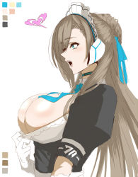 Rule 34 | 1girl, asuna (blue archive), black dress, blue archive, blue eyes, blush, breasts, choker, cleavage, clothes pull, cum, cum on body, cum on breasts, cum on upper body, dress, dress pull, elbow gloves, gloves, hair over one eye, hashimoto (frog flag), heart, highres, large breasts, light brown hair, long hair, maid headdress, mole, mole on breast, open mouth, profile, puffy short sleeves, puffy sleeves, short sleeves, solo, spoken heart, white gloves