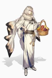 Rule 34 | 1boy, apple, basket, cape, closed mouth, diamond hairband, eiki (eikityou 55), fate/grand order, fate (series), food, fruit, fruit basket, fruit request, full body, grapes, grey eyes, grey hair, hair between eyes, highres, holding, holding basket, insect wings, japanese clothes, kimono, light smile, looking at viewer, male focus, moth wings, oberon (fate), pear, red apple, shadow, short hair, solo, tassel, twitter username, white cape, white footwear, white kimono, white wings, wide sleeves, wings