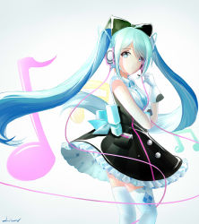 Rule 34 | 1girl, black bow, blue eyes, blue hair, bow, dress, frilled dress, frills, gloves, gradient background, grey background, hair bow, hatsune miku, headphones, highres, long hair, magical mirai (vocaloid), magical mirai miku, magical mirai miku (2016), microphone, musical note, parted lips, short dress, signature, solo, standing, thighhighs, twintails, very long hair, vocaloid, white gloves, white thighhighs