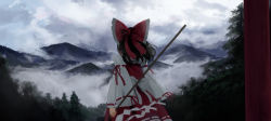 Rule 34 | 1girl, back, black hair, cloud, cloudy sky, commentary, detached sleeves, faux traditional media, gohei, hair ribbon, hakurei reimu, highres, landscape, mountain, nature, nontraditional miko, outdoors, ribbon, scenery, short hair, sky, solo, suna (s73d), touhou, tree, wide sleeves