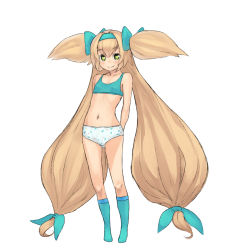 Rule 34 | 1girl, absurdly long hair, aqua bow, aqua socks, arc system works, blazblue, blazblue: continuum shift, blonde hair, bow, bra, chiwino, crotch seam, green eyes, hair bow, heart, heart-shaped pupils, long hair, looking at viewer, low-tied long hair, midriff, navel, panties, platinum the trinity, print panties, quad tails, simple background, smile, socks, solo, symbol-shaped pupils, training bra, underwear, very long hair, white background