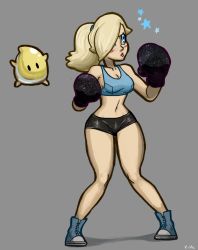 Rule 34 | 1girl, bad id, bad pixiv id, blonde hair, blue eyes, blush, boxing gloves, breasts, cosplay, full body, hair over one eye, long hair, luma (mario), mario (series), midriff, navel, nintendo, penelope and me, rosalina, shoes, short shorts, shorts, sneakers, solo, sports bra, star (symbol), starry sky print, super mario galaxy, super smash bros., wide hips, wii fit, wii fit trainer, wii fit trainer (cosplay), wii fit trainer (female)
