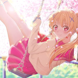 Rule 34 | 1girl, blonde hair, blush, braid, cherry blossoms, day, from side, h.i.t (59-18-45), hair ornament, hairclip, highres, long hair, long sleeves, looking at viewer, original, outdoors, ponytail, red eyes, school uniform, serafuku, side braid, skirt, smile, solo, swing, twin braids, uniform