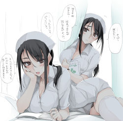 Rule 34 | 1girl, blush, book, breasts, cleavage, commentary request, half-closed eyes, hat, hip focus, holding, infirmary, kitano (zekkyon), large breasts, long hair, looking at another, looking at book, lying, multiple views, nurse, nurse cap, on side, open book, open mouth, original, reading, short sleeves, sketch, speech bubble, thighhighs, translation request, turning page, white thighhighs, wing collar, zekkyon