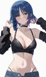 Rule 34 | 1girl, absurdres, alternate costume, asymmetrical bangs, bare shoulders, bikini, bikini top only, black choker, blue hair, blush, bocchi the rock!, breasts, choker, cleavage, closed mouth, collarbone, commentary request, detached sleeves, grey shorts, hands up, highleg, highleg swimsuit, highres, large breasts, long sleeves, looking at viewer, makise (mix020511), mole, mole under eye, navel, open fly, puffy long sleeves, puffy sleeves, short hair, shorts, solo, stomach, sweat, swimsuit, upper body, yamada ryo, yellow eyes