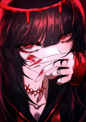 Rule 34 | 1girl, 33 gaff, absurdres, black hair, black sailor collar, black shirt, blood, blood halo, blood on face, blood on hands, blue archive, choker, collarbone, commentary request, fingernails, hair between eyes, halo, hand up, highres, liquid halo, long hair, looking at viewer, melting halo, messy hair, pale skin, portrait, red background, red choker, red eyes, red halo, red theme, sailor collar, school uniform, serafuku, shirt, solo, tsurugi (blue archive)