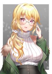 Rule 34 | 1girl, :d, bare shoulders, black skirt, blonde hair, blush, breasts, commentary request, fur-trimmed jacket, fur trim, glasses, green jacket, hair between eyes, hair over shoulder, hand up, high-waist skirt, highres, jacket, looking at viewer, mashiro aa, medium breasts, off shoulder, open clothes, open jacket, open mouth, original, red eyes, ribbed sweater, round eyewear, sideboob, skirt, sleeveless, sleeveless sweater, sleeveless turtleneck, smile, solo, sweater, turtleneck, turtleneck sweater
