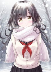 Rule 34 | 1girl, arms behind back, black hair, black sailor collar, black skirt, brown eyes, commentary, cowboy shot, head tilt, highres, long hair, looking at viewer, neckerchief, original, outdoors, pleated skirt, red neckerchief, sailor collar, scarf, skirt, smile, snow, solo, standing, sweater, tree, tuzuwara, white scarf, white sweater, winter