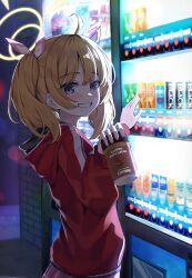 Rule 34 | 1girl, absurdres, blonde hair, blue archive, can, clenched teeth, commentary, grey eyes, halo, highres, holding, holding can, jacket, kurone (kurone ryuo), long sleeves, looking at viewer, red jacket, short hair, smile, solo, teeth, vending machine, yellow halo, yoshimi (blue archive)