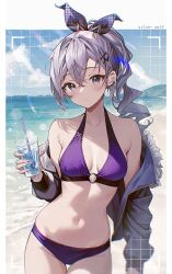 Rule 34 | 1girl, alternate costume, armpit crease, bare shoulders, beach, bikini, black jacket, bow, breasts, cleavage, closed mouth, commentary, cowboy shot, cup, disposable cup, drink, expressionless, fur trim, grey eyes, grey hair, hair bow, hair ornament, hair ribbon, hairclip, halterneck, highres, holding, holding drink, honkai: star rail, honkai (series), jacket, long hair, long sleeves, looking at viewer, navel, o-ring, o-ring bikini, off shoulder, open clothes, open jacket, ponytail, purple bikini, revision, ribbon, silver wolf (honkai: star rail), small breasts, solo, soybean (hisoybean), stomach, swimsuit, symbol-only commentary, thigh gap, viewfinder
