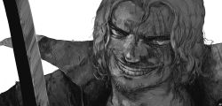 Rule 34 | 1boy, artist name, facial hair, forehead, furrowed brow, greyscale, grin, happy, high collar, highres, holding, holding sword, holding weapon, looking at viewer, male focus, manly, monochrome, one piece, portrait, realistic, scar, scar across eye, scar on face, serbianhero, shanks (one piece), short hair, sidelocks, signature, simple background, smile, solo, stubble, sword, teeth, v-shaped eyebrows, weapon, white background