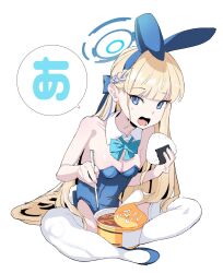 Rule 34 | 1girl, animal ears, blonde hair, blue archive, blue bow, blue eyes, blue halo, blue leotard, bow, braid, breasts, chopsticks, cup ramen, detached collar, fake animal ears, food, halo, highres, holding, holding chopsticks, holding food, inchore, leotard, long hair, looking at viewer, official alternate costume, onigiri, open mouth, rabbit ears, simple background, small breasts, solo, strapless, strapless leotard, thighhighs, toki (blue archive), toki (bunny) (blue archive), white background, white thighhighs