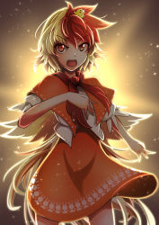 Rule 34 | 1girl, animal, animal on head, arm up, ashiroku (miracle hinacle), backlighting, bird, bird on head, bird tail, bird wings, blonde hair, capelet, chick, commentary request, cowboy shot, dress, glint, hair between eyes, hand on own chest, highres, light particles, looking at viewer, multicolored hair, niwatari kutaka, on head, open mouth, orange dress, puffy short sleeves, puffy sleeves, red eyes, red hair, red scarf, scarf, shirt, short hair, short sleeves, solo, standing, tail, touhou, two-tone hair, white shirt, wings