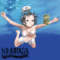 Rule 34 | 1girl, album cover, album cover redraw, bikini, black eyes, black hair, breasts, bubble, collarbone, commentary request, cover, derivative work, diving mask, fishing line, fishing lure, goggles, hat, kuranosuke, murasa minamitsu, navel, nevermind, nirvana (band), open mouth, outstretched arms, parody, sailor hat, solo, swimsuit, touhou, underboob, underwater, white bikini