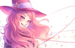 Rule 34 | 1girl, black clover, blush, hat, highres, long hair, looking at viewer, pink hair, purple eyes, smile, thread, vanessa enoteca, white background, witch hat