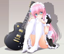 Rule 34 | 1girl, apron, bashen chenyue, blue eyes, bocchi the rock!, feet, gotoh hitori, guitar, hair between eyes, hair over eyes, highres, instrument, leggings, long hair, maid, maid apron, maid headdress, no shoes, one side up, panties, pink hair, puffy sleeves, socks, solo, thighhighs, underwear, white apron, white leggings, white panties, white thighhighs