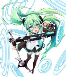 Rule 34 | 1girl, bad id, bad pixiv id, bespectacled, detached sleeves, foreshortening, glasses, green eyes, green hair, hatsune miku, kuroneko no toorimichi, long hair, matching hair/eyes, microphone, necktie, ogami kazuki, open mouth, red-framed eyewear, skirt, solo, thighhighs, twintails, very long hair, vocaloid