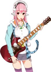 Rule 34 | 1girl, bad id, bad pixiv id, blush, breasts, electric guitar, guitar, headphones, highres, hood, hoodie, instrument, long hair, looking at viewer, mouth hold, nitroplus, pink hair, pom pom (clothes), red eyes, s sasaki 09140, smile, solo, super sonico