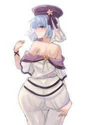 Rule 34 | 1girl, ass, ass grab, back, bare shoulders, blue eyes, blue hair, blush, dress, fire emblem, fire emblem echoes: shadows of valentia, fire emblem heroes, grabbing own ass, hat, huge ass, looking at viewer, looking back, nintendo, off shoulder, official alternate costume, short hair, short sleeves, silque (fire emblem), simple background, solo, white background, white dress, wide hips, yui (msy1302mana)