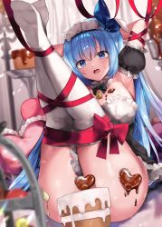 Rule 34 | :o, alternate costume, apron, arms behind head, arms up, bad id, bad pixiv id, blue eyes, blue hair, bound, bound ankles, breasts, cake, candy, chocolate, chocolate heart, chocolate on body, chocolate on legs, commission, enmaided, food, food on body, heart, heart-shaped pillow, highres, kamchrome, legs up, maid, maid apron, maid headdress, original, pillow, ribbon, ribbon trim, solo, thighhighs, thighs, white thighhighs