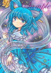 Rule 34 | back bow, blouse, blue bow, blue eyes, blue hair, blue shirt, blue skirt, blush, bow, closed mouth, floral print, frilled sleeves, frills, from side, hagoromo, hair ornament, hair rings, hair stick, kaku seiga, long sleeves, looking at viewer, looking to the side, marker (medium), medium hair, purple background, rui (sugar3), sample watermark, shawl, shirt, skirt, solo, touhou, traditional media, watermark, white shawl, wide sleeves