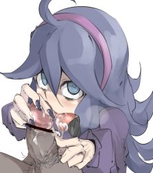 Rule 34 | 10s, 1girl, @ @, ahoge, aqua eyes, bags under eyes, bar censor, blush, breasts, censored, creatures (company), cum, cum in mouth, cum on tongue, fellatio, fingernails, game freak, hairband, hex maniac (pokemon), jacket, long fingernails, long hair, looking at viewer, looking up, male pubic hair, nail polish, nintendo, npc trainer, open mouth, oral, p (tidoriashi), pale skin, penis, pointless censoring, pokemon, pokemon xy, pov, pubic hair, purple hair, purple jacket, purple nails, simple background, solo focus, tongue, tongue out