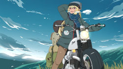 Rule 34 | 1girl, adapted costume, alternate costume, arm behind head, bag, beanie, blonde hair, blue sky, breath, camping, cloud, coat, cold, dark-skinned female, dark skin, day, elf, engine, field, grass, green coat, handlebar, haow, hat, headlight, highres, hill, hololive, hololive fantasy, kintsuba (shiranui flare), long hair, looking to the side, motor vehicle, motorcycle, mountain, mountainous horizon, multicolored hair, outdoors, pants, pointy ears, red eyes, scarf, shiranui flare, sky, solo, streaked hair, virtual youtuber, wind